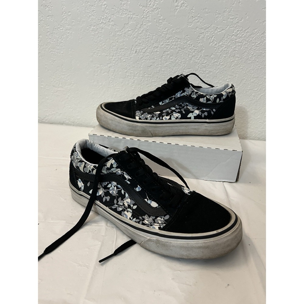 Vans Old Skool Skate Shoes Suede Floral Black Blue White 614992 Womens 6 Lace Up